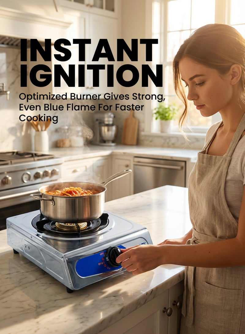 TEAM  Single Burner Gas Stove | Stainless Steel Panel | Automatic Ignition | Low Gas Consumption | High Efficiency Blue Flame | LPG Gas Portable Cooker for Home, Outdoor & Camping - Image 4